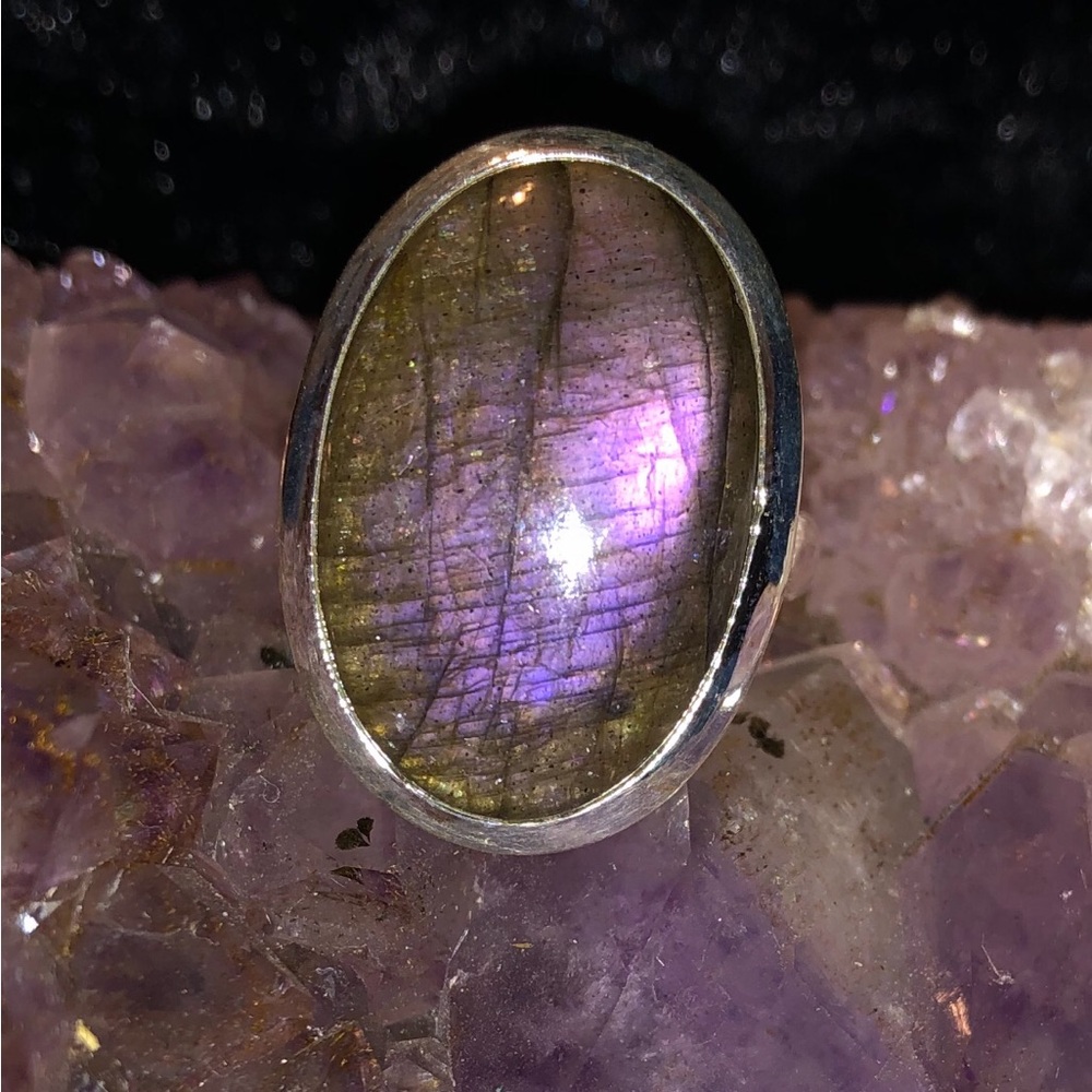 Sterling Silver Labradorite Ring with Purple Flash 8.75 Vintage Unique